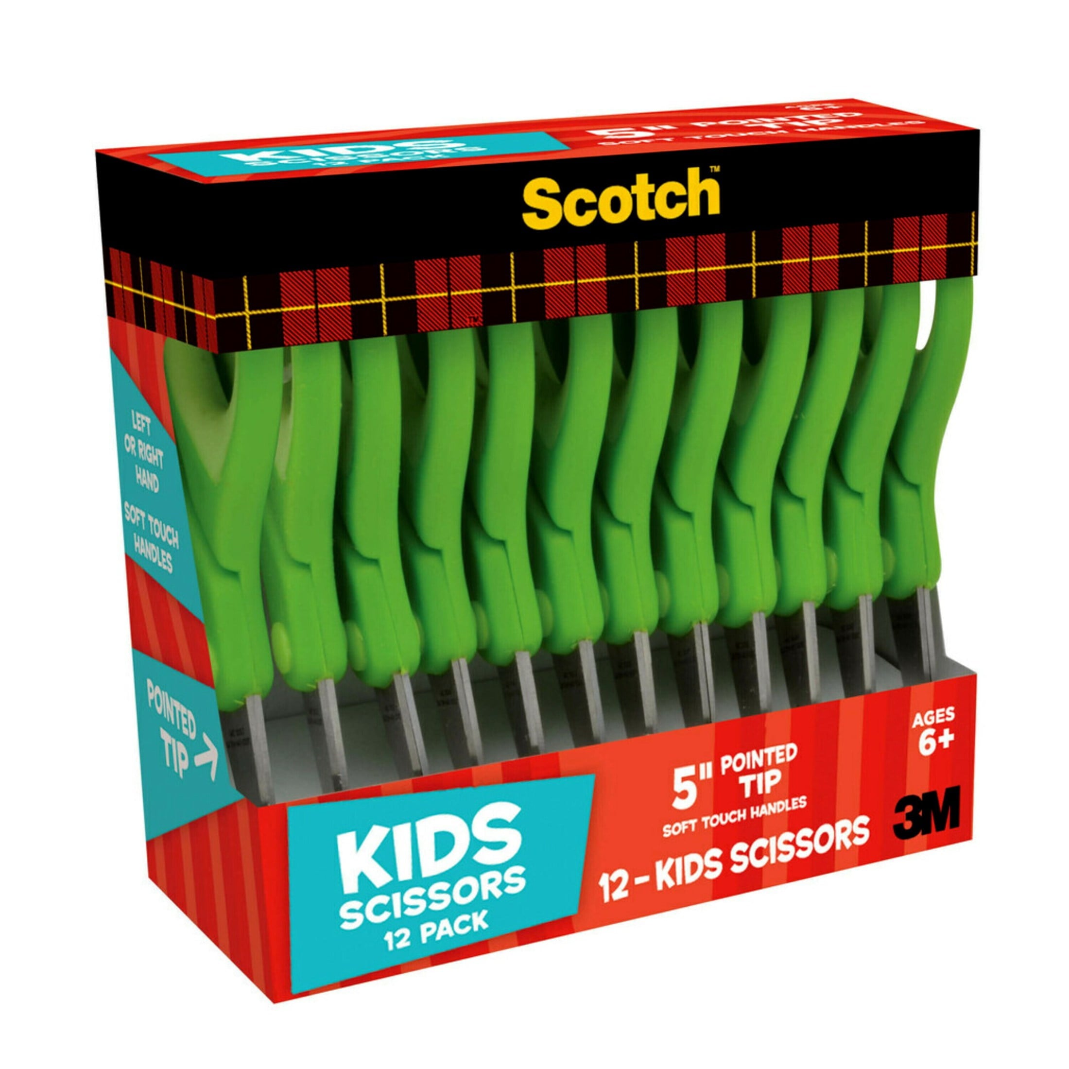 Scotch Soft Touch Kids Scissors, 5", Pointed Tip, Green, 12 Count