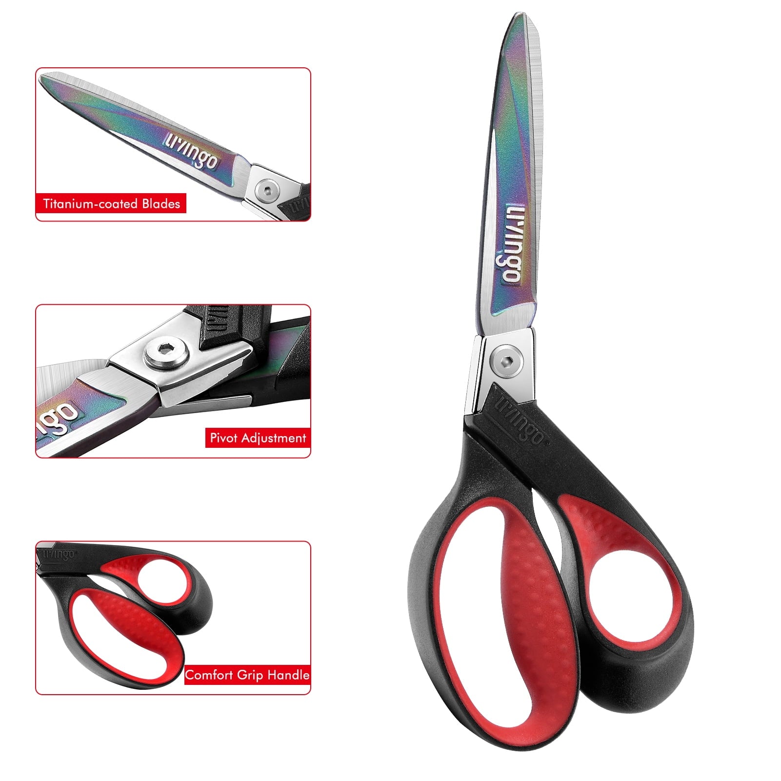 LIVINGO 9” Scissors All Purpose Heavy Duty Sharp Industrial Multipurpose Shears for Cutting Fabric Leather Felt, Titanium Coated Hot Forged Steel, Red Black