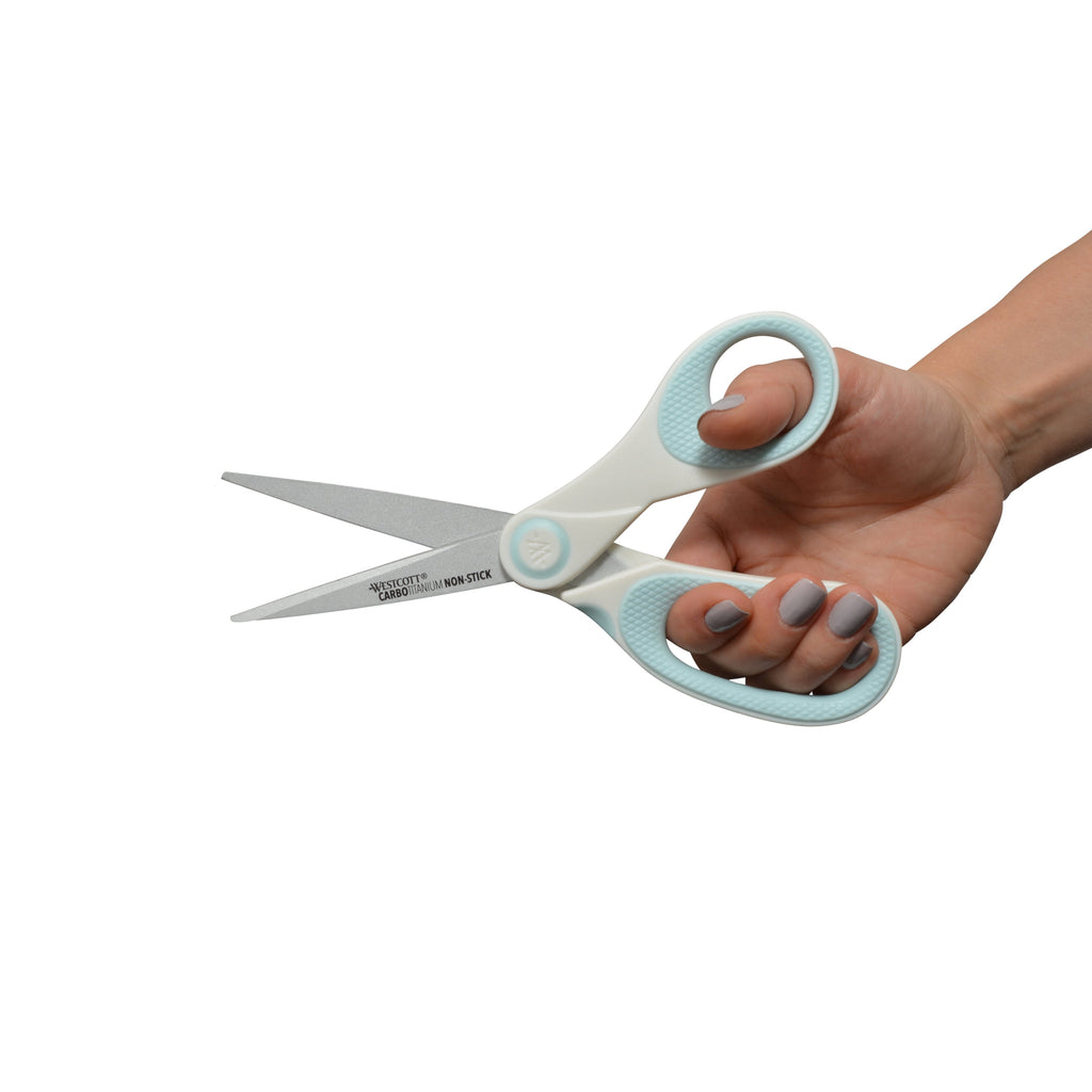 Westcott Crafting Scissors, Carbo Titanium Non-Stick, 8", 7", 5", High School, White/Blue, 3-Pack