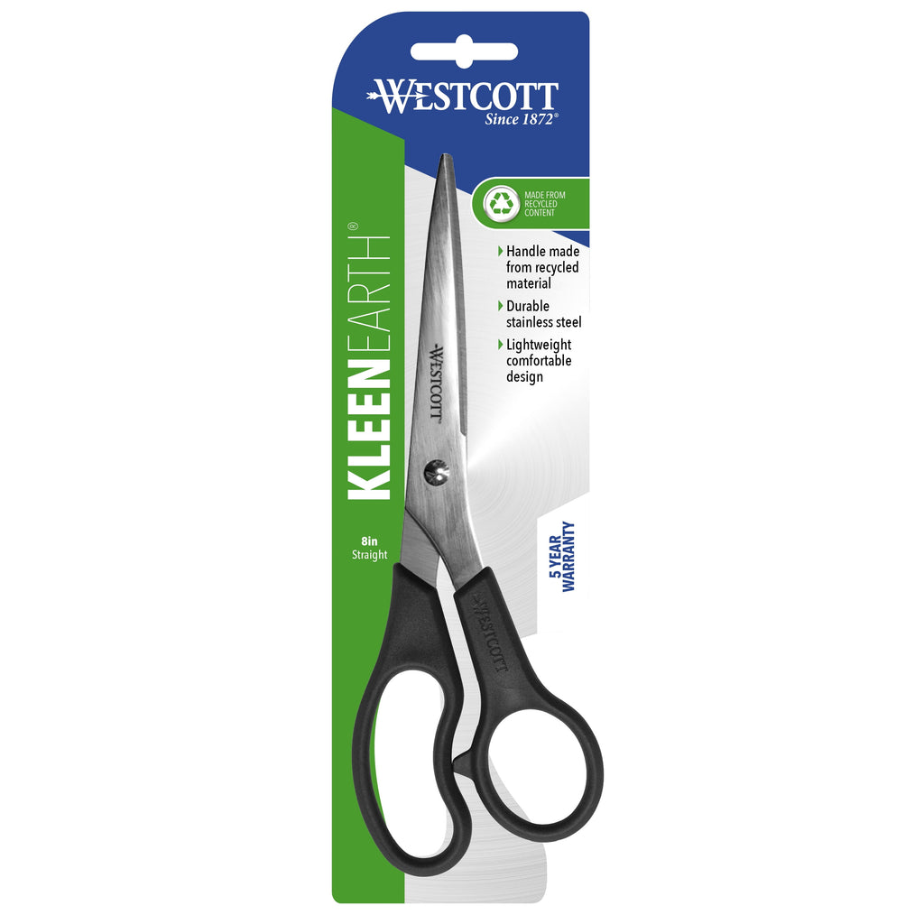(4 pack) Westcott Kleen Earth Recycled 8" Stainless Steel Scissors, Straight, Black Office, High School Level