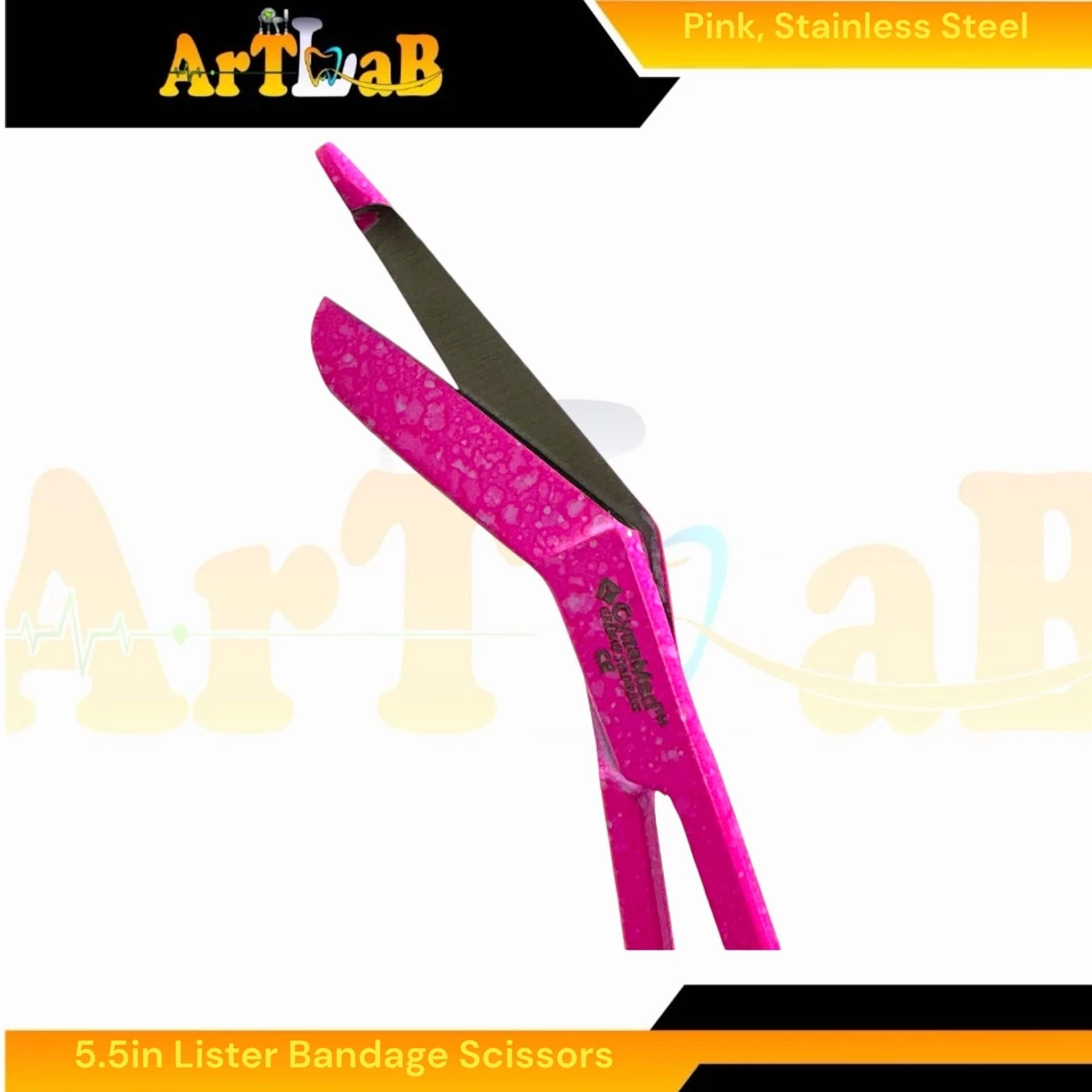 Fyna -Set Of 2 Lister Bandage Scissors 5.5In Pink Pattern, Angled Blades, German Steel