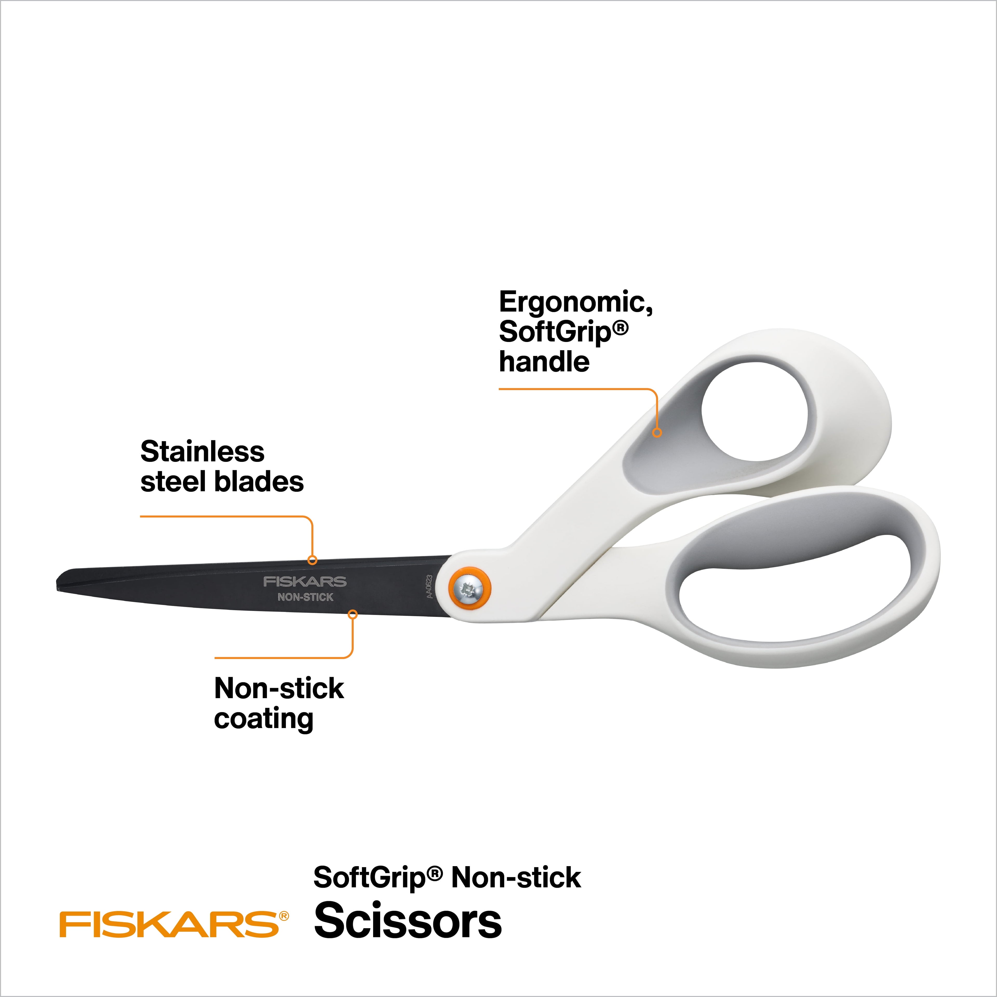 Fiskars 8" Non-Stick Titanium Scissors with Softgrip, Orange & Grey