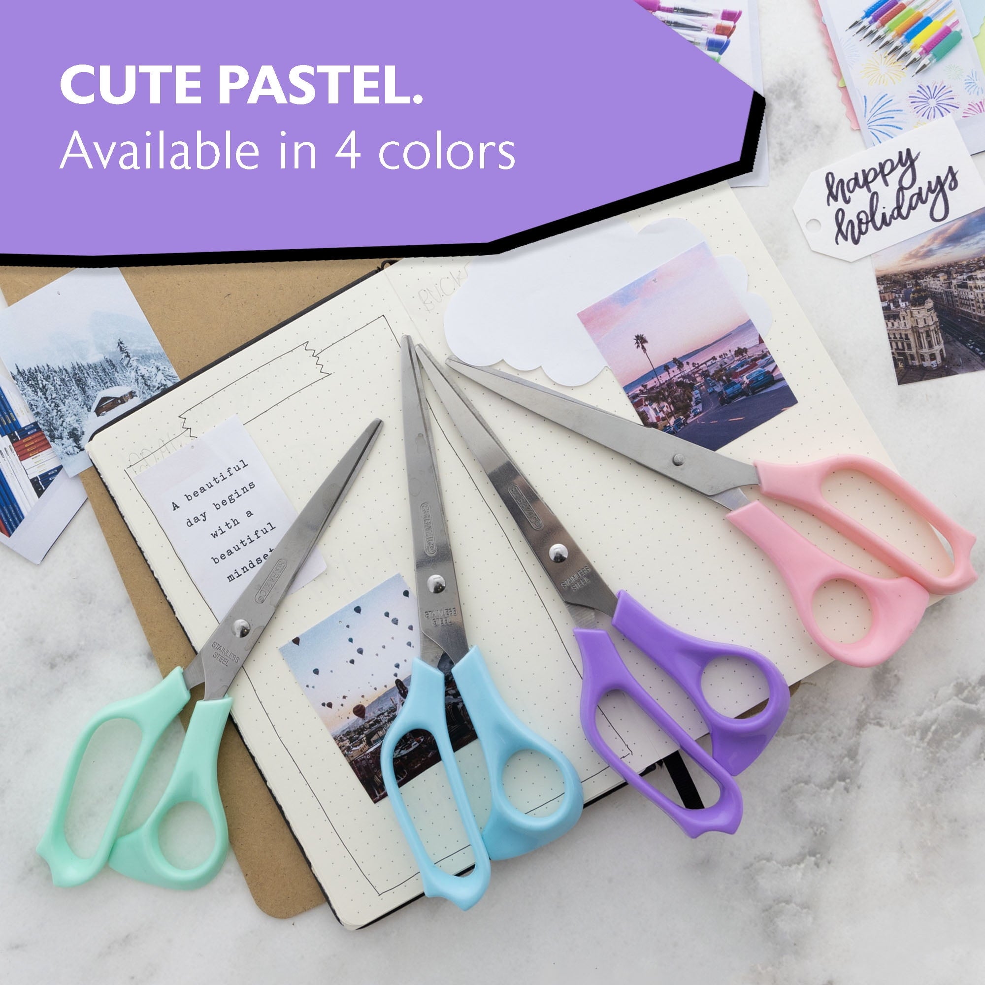 BAZIC 8" Pastel Stainless Steel Scissors, Straight Handle Sharp Blades, 24-Pack