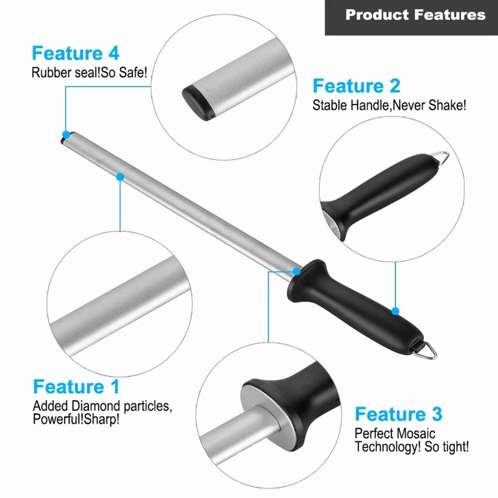 Pro 10" Diamond Knife Sharpener Rod Sharpening Tool For Kitchen Knives Scissors