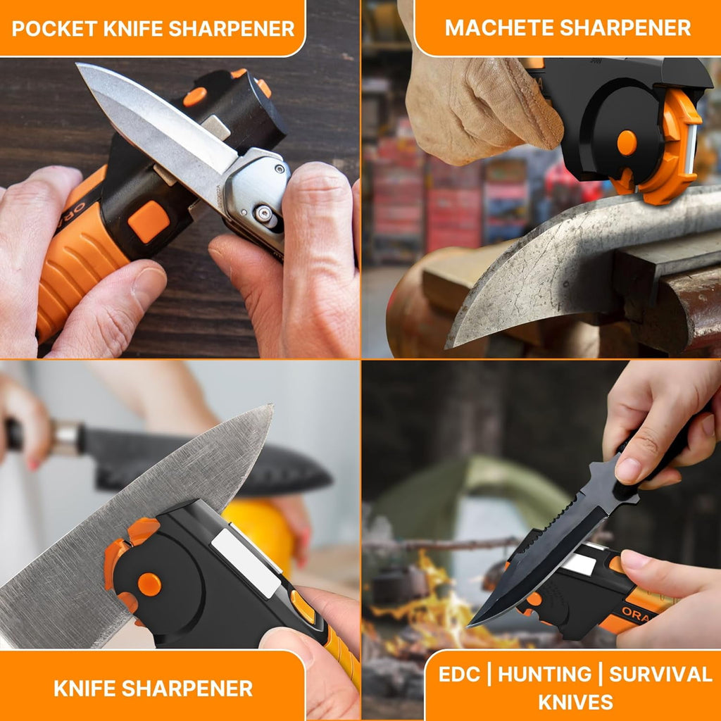 Orange Ninja Garden Tool & Knife Sharpener for Lawn Mower Blade, Scissors, Axe, Hatchet by Sharp Pebble