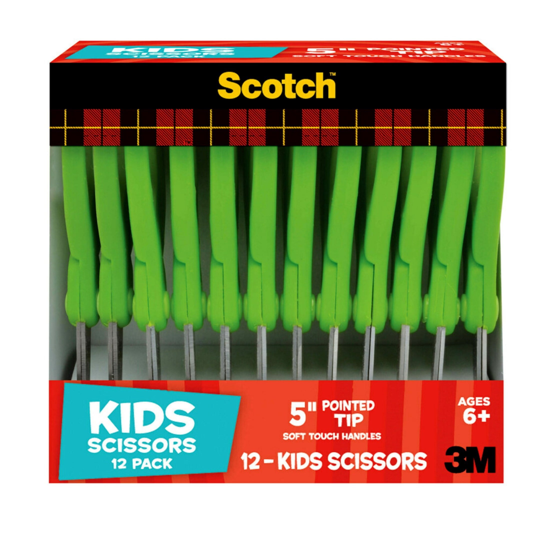 Scotch Soft Touch Kids Scissors, 5", Pointed Tip, Green, 12 Count