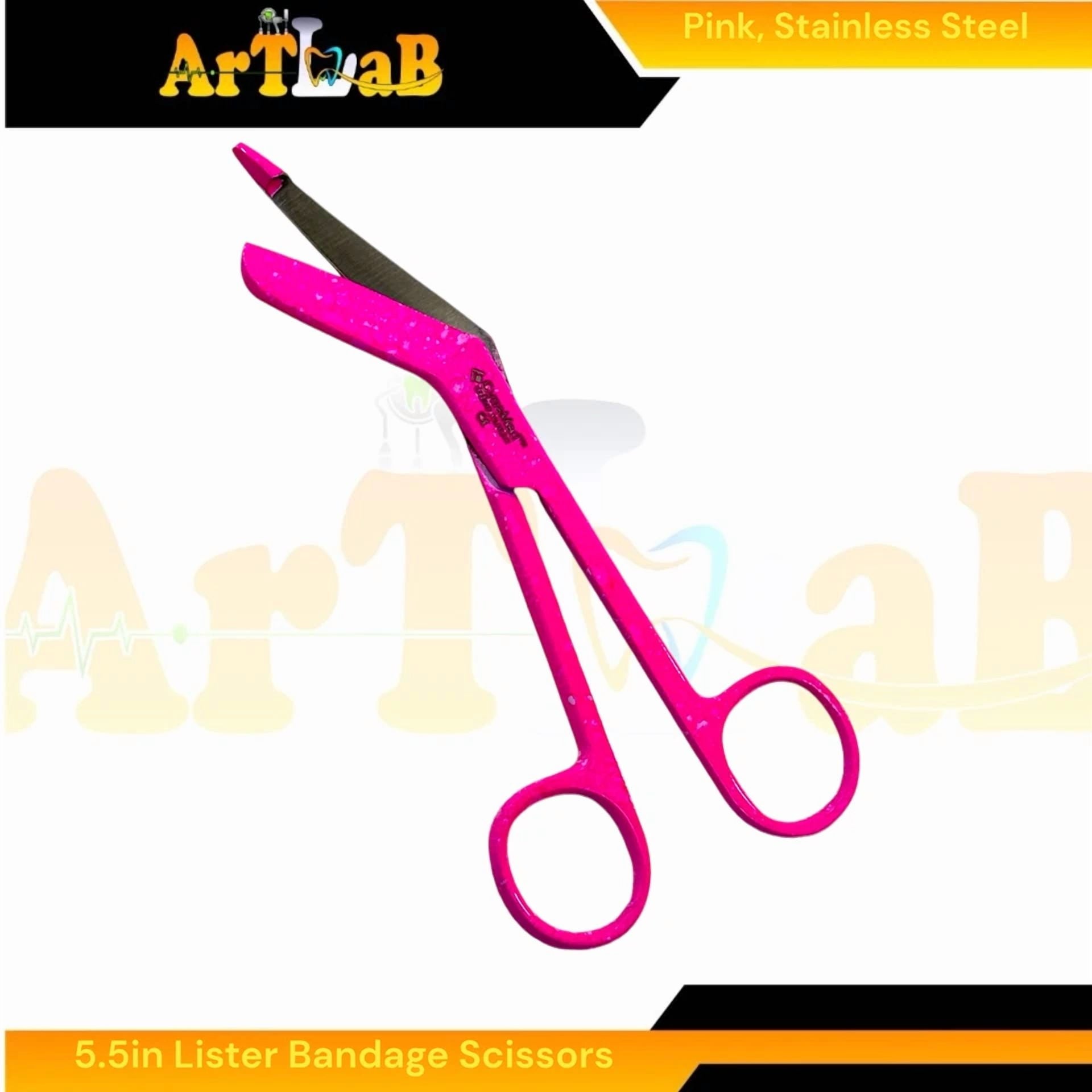 Fyna -Set Of 2 Lister Bandage Scissors 5.5In Pink Pattern, Angled Blades, German Steel