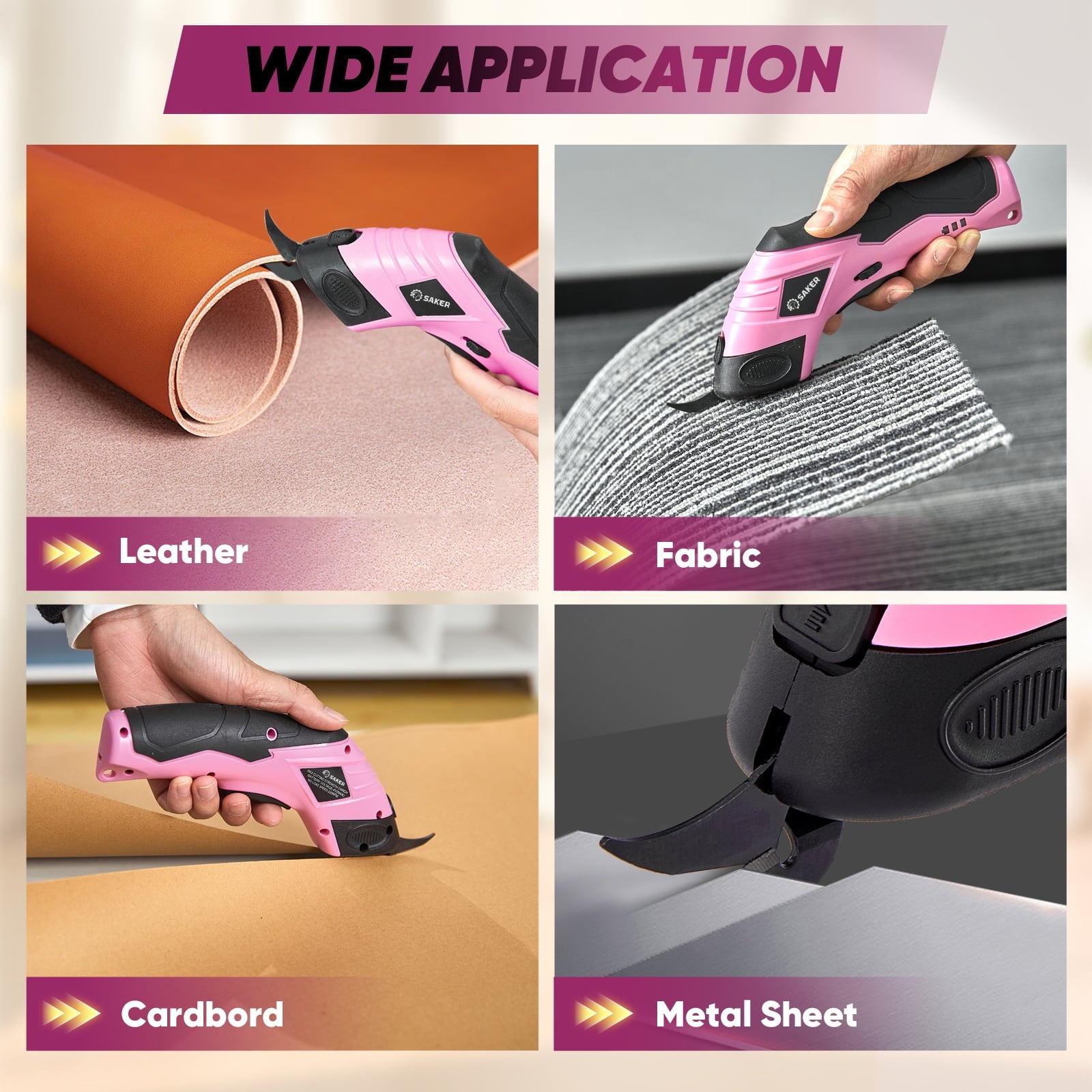 Saker Cordless Electric Scissors, Lightweight, Type-C Charging, Safety Lock, Pink with Storage Bag, 2 Blades for Fabric, Carpet, Leather, Cardboard