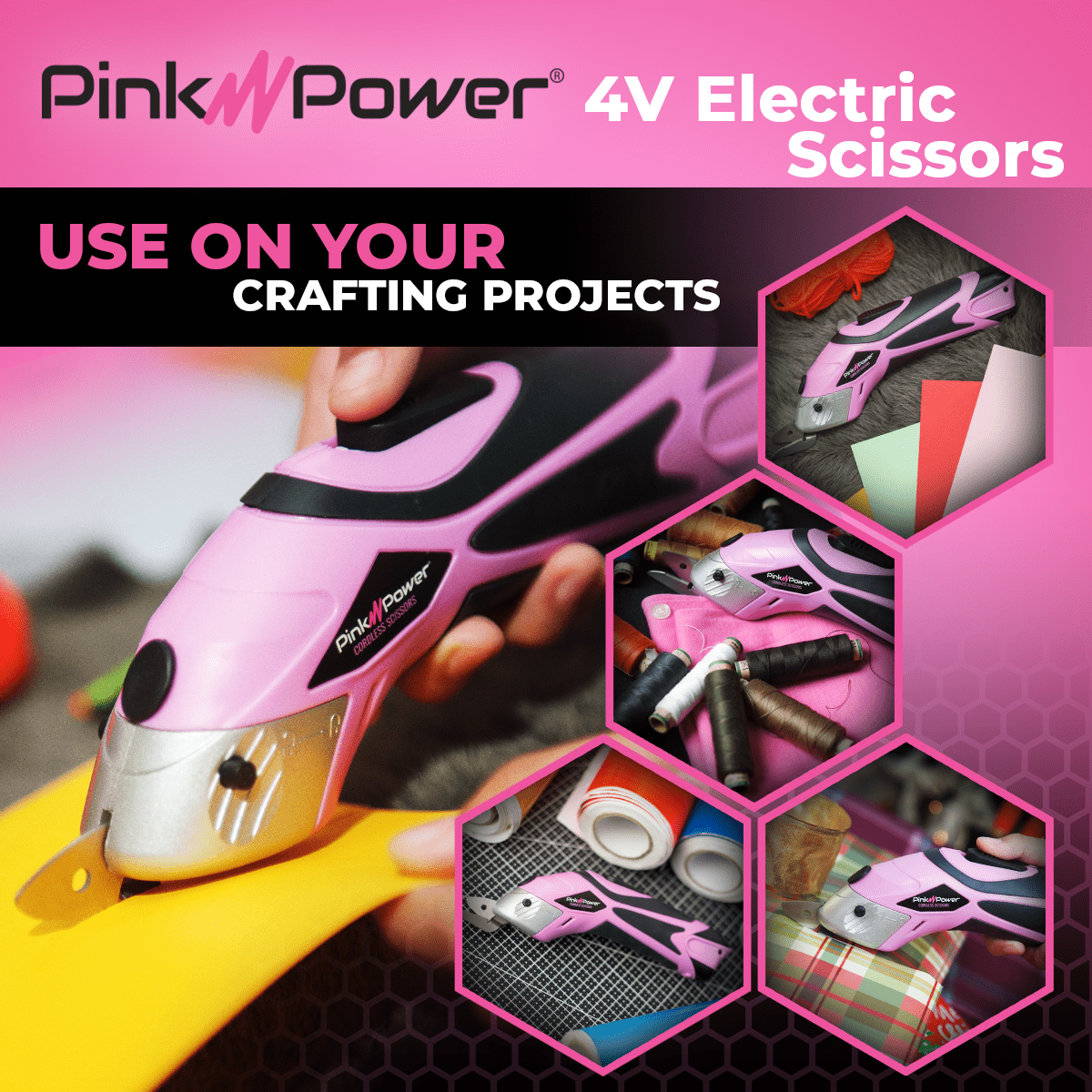 Pink Power Cordless Electric Scissors Fabric Cutter for Crafts, Box, Sewing, Quilting, Carpet, & Scrapbooking - Heavy Duty Rotary Shears Metal Cutting Tool - Automatic Cardboard Cutter Fabric Scissor