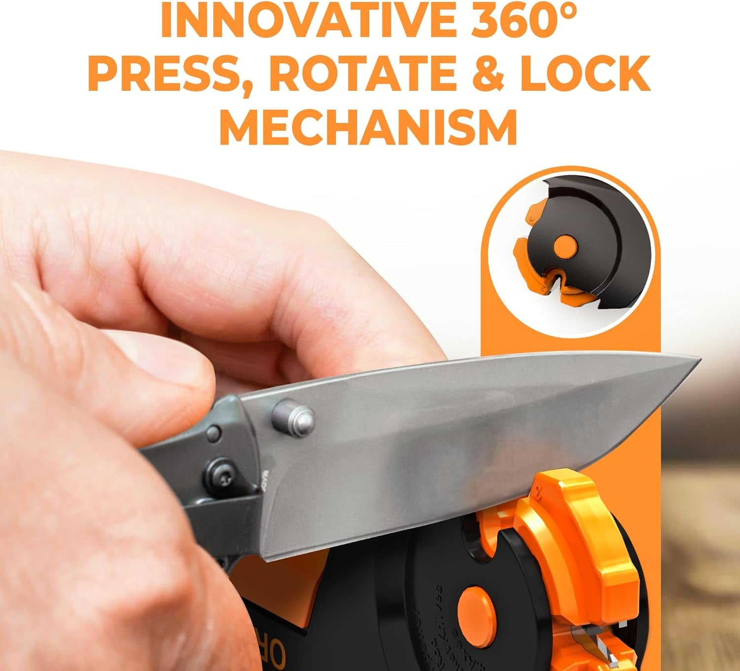 Orange Ninja Garden Tool & Knife Sharpener for Lawn Mower Blade, Scissors, Axe, Hatchet by Sharp Pebble