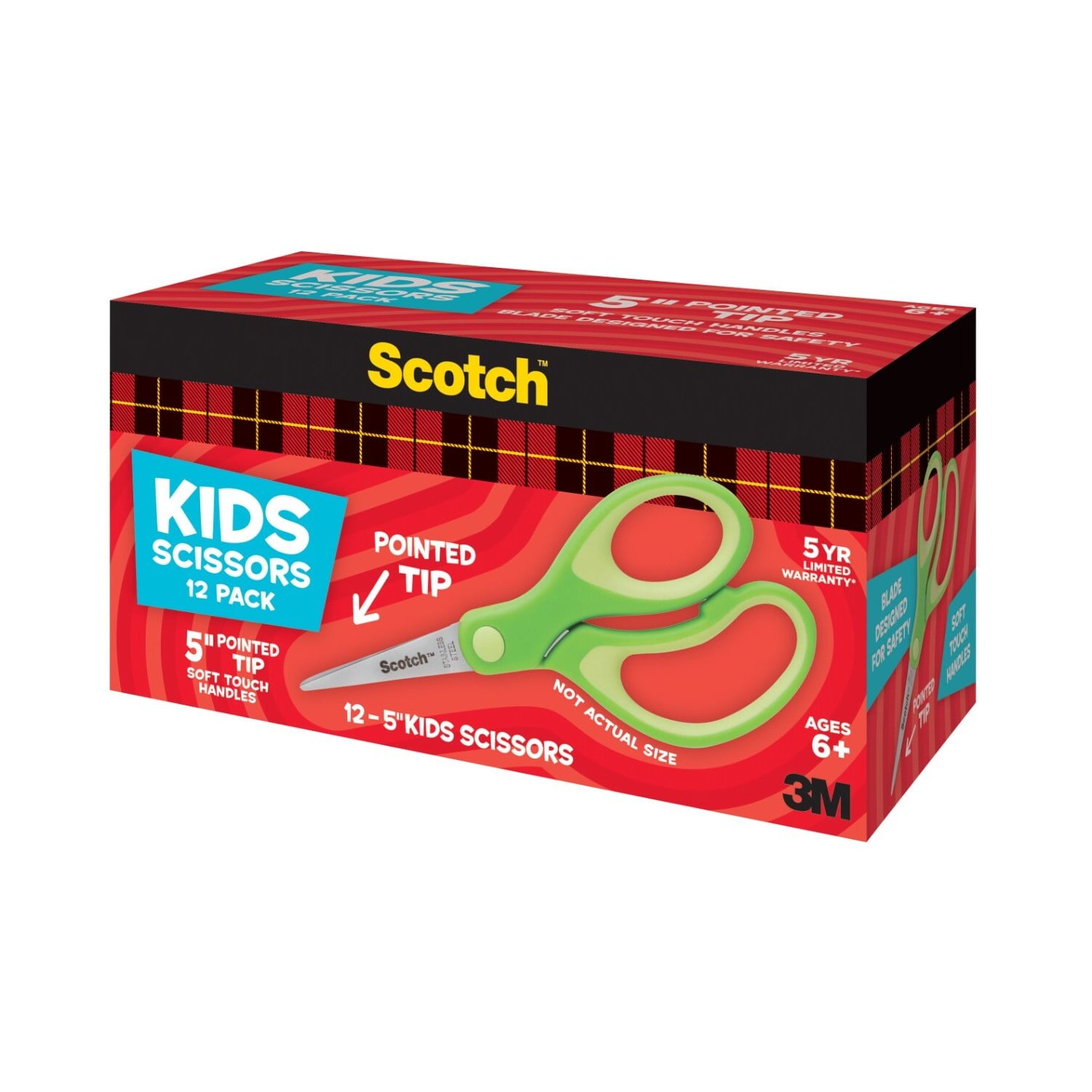 Scotch Soft Touch Kids Scissors, 5", Pointed Tip, Green, 12 Count