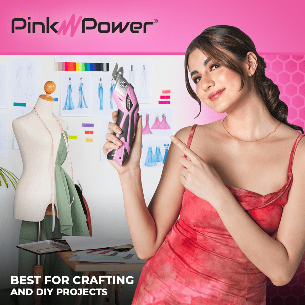 Pink Power Cordless Electric Scissors Fabric Cutter for Crafts, Box, Sewing, Quilting, Carpet, & Scrapbooking - Heavy Duty Rotary Shears Metal Cutting Tool - Automatic Cardboard Cutter Fabric Scissor