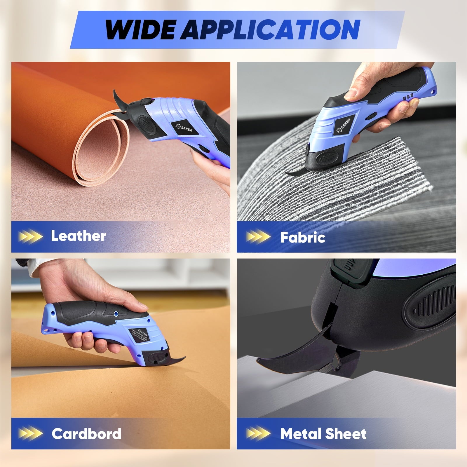 Saker Cordless Electric Scissors, Lightweight, Type-C Charging, Safety Lock, Blue with Storage Bag, 2 Blades for Fabric, Carpet, Leather, Cardboard