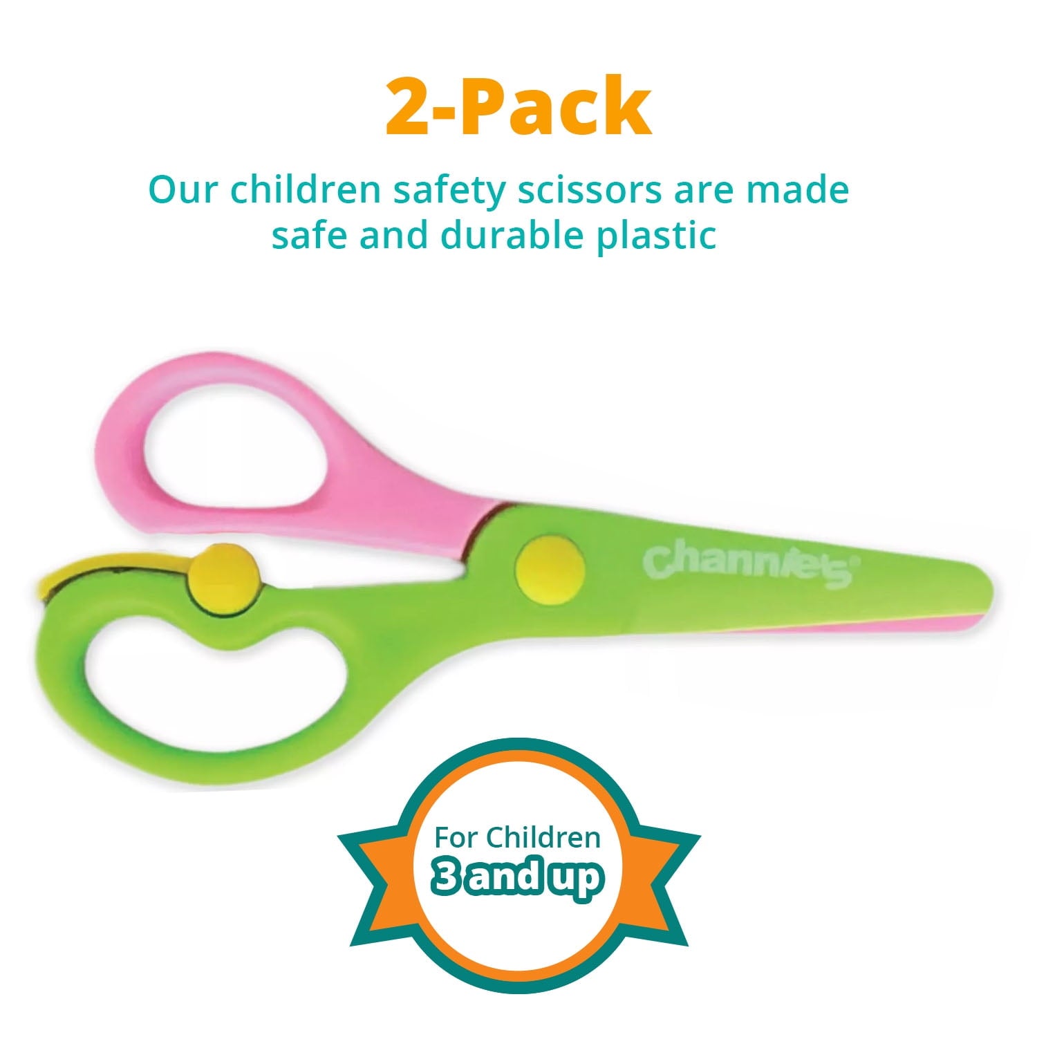 Channie's Safety Scissors for Small Hands (Ages 3-5) - Kid-Safe Plastic Training Scissors for Preschoolers, Child Hand-Eye Coordination Development, Kids Scissors, Toddler Safety Scissors (2 pack)