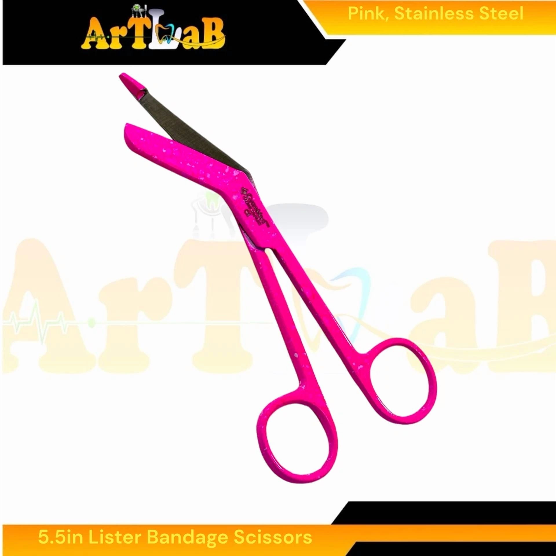 Fyna -Set Of 2 Lister Bandage Scissors 5.5In Pink Pattern, Angled Blades, German Steel