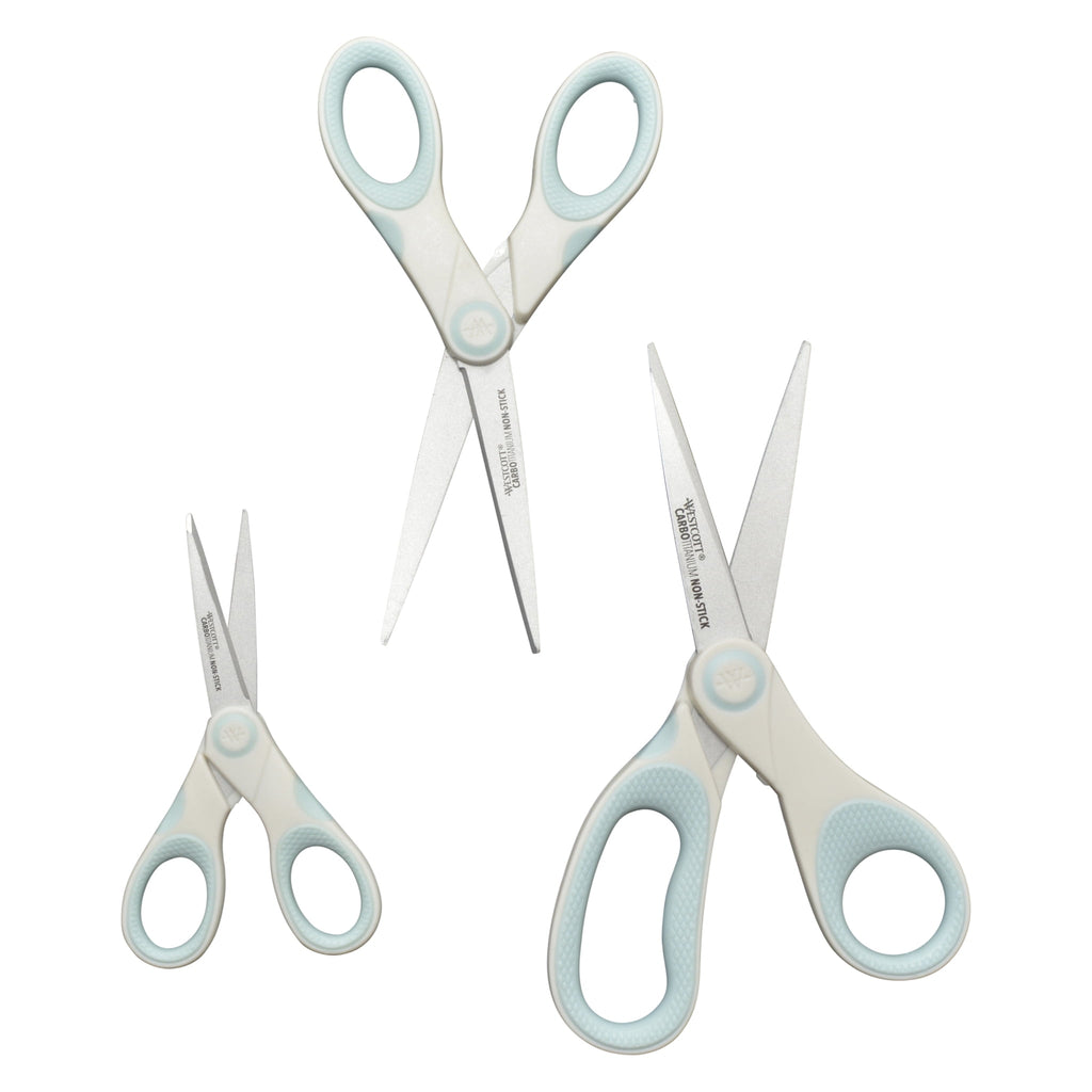 Westcott Crafting Scissors, Carbo Titanium Non-Stick, 8", 7", 5", High School, White/Blue, 3-Pack
