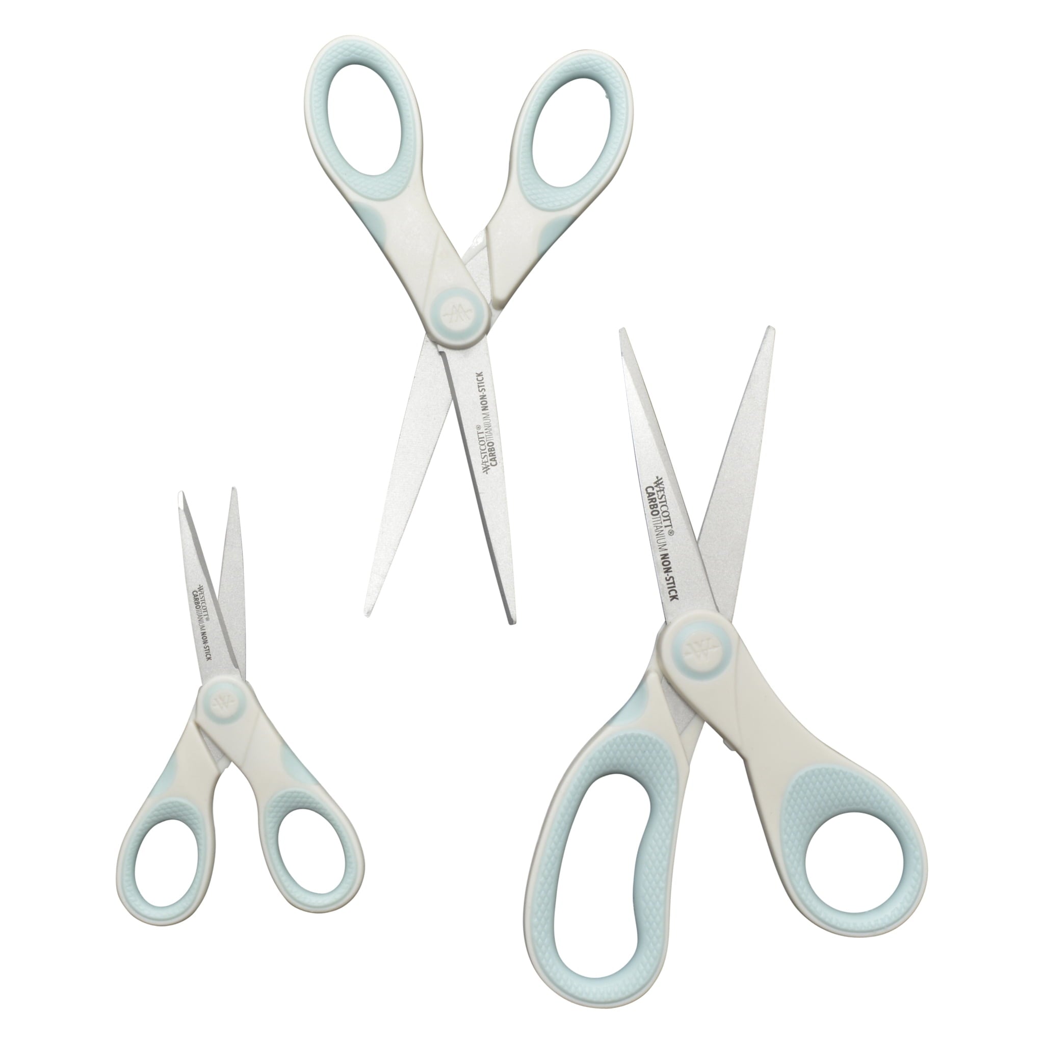 Westcott Crafting Scissors, Carbo Titanium Non-Stick, 8", 7", 5", High School, White/Blue, 3-Pack