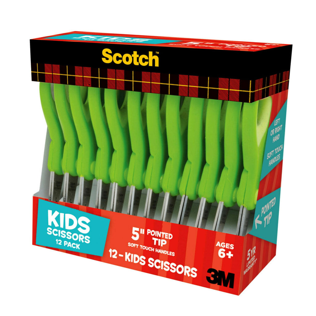 Scotch Soft Touch Kids Scissors, 5", Pointed Tip, Green, 12 Count