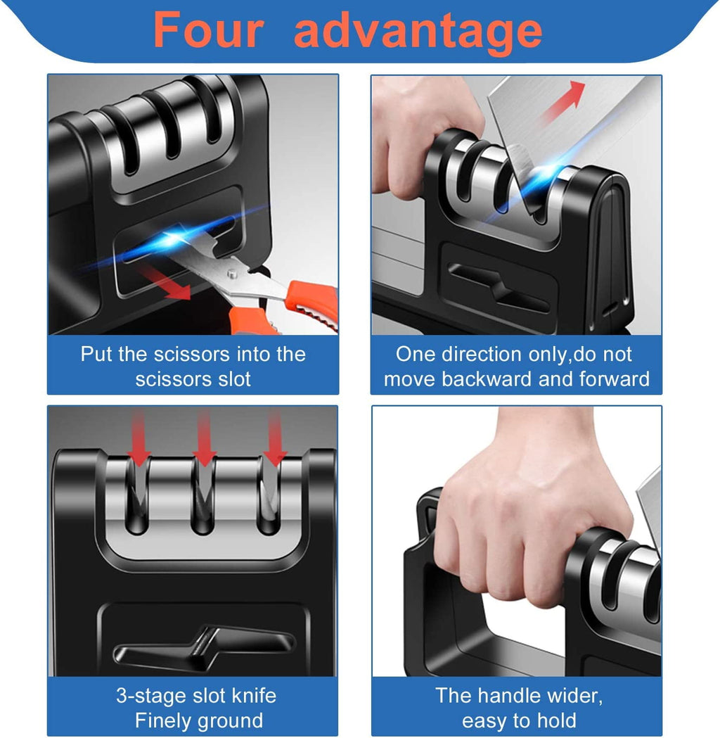 Hottest Knife Sharpener,4-in-1 Kitchen Chef Knife and Scissors Sharpener, Professional Diamond Rods Expertly Sharpen Steel, Ceramic Knives and Scissors Easily, Manual Knife Sharpeners (Black)