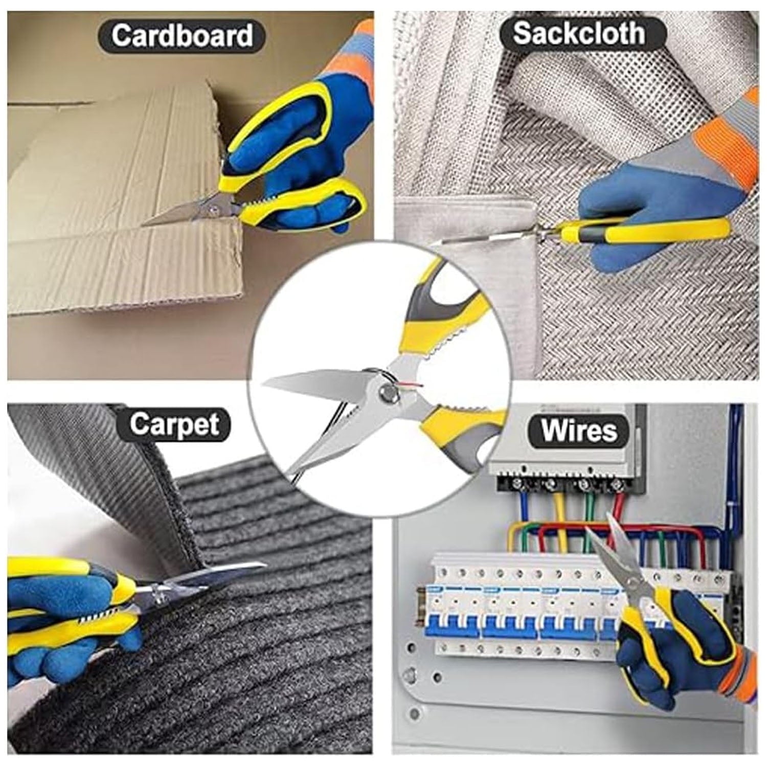 Scissors Heavy Duty 8'', Carpet Scissors, Multipurpose Scissors with Protective Cover, Stainless Steel Serrated Blades, Easy Cutting Cardboard, Leather, Fabric, Wires, Nutcracker