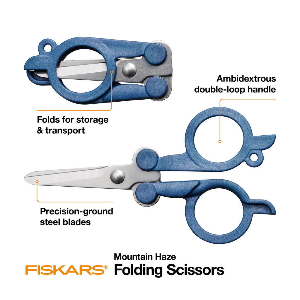 Fiskars Folding Scissors with Double-Loop Handle Stainless Steel, 4", Mountain Haze Blue