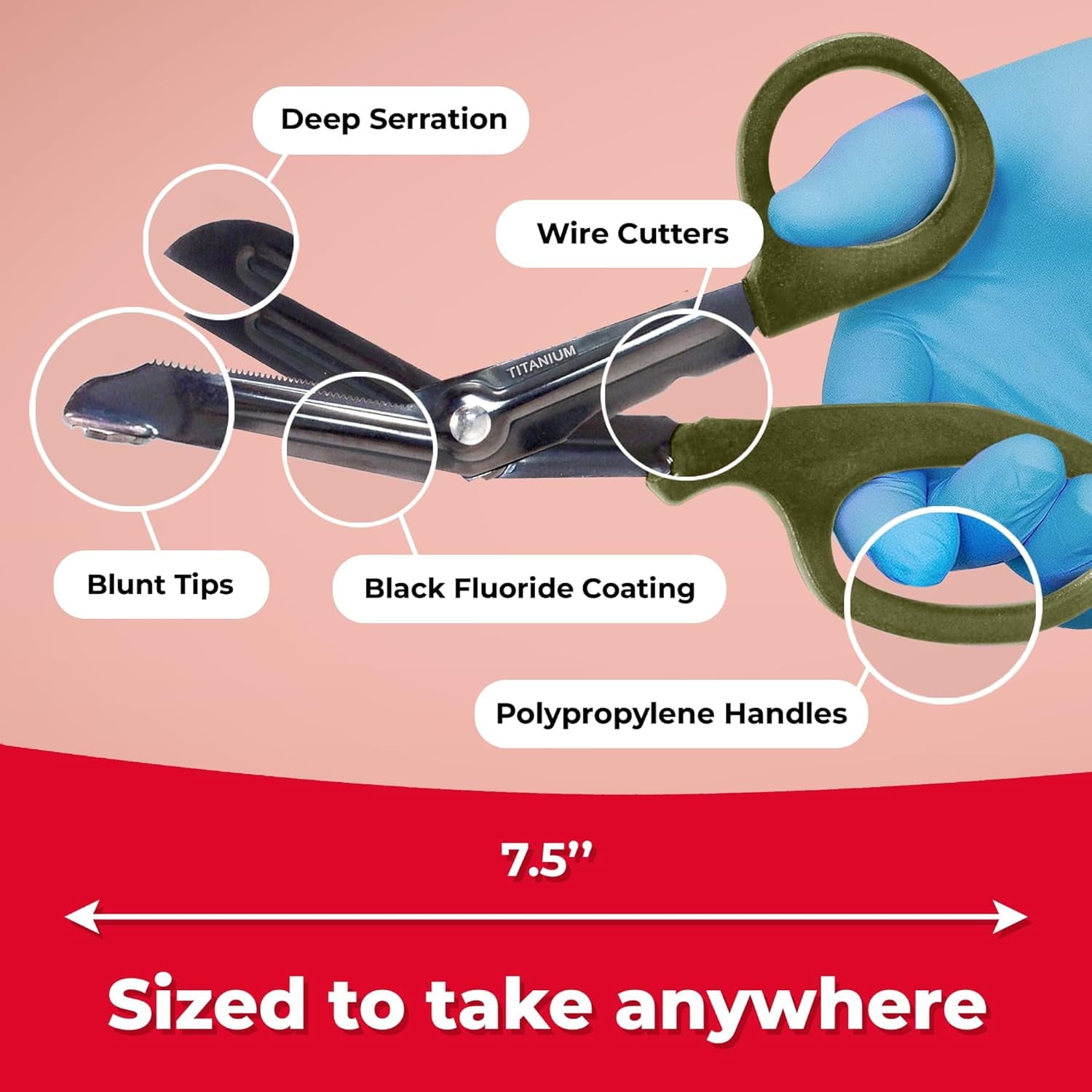 Ever Ready First Aid Autoclavable Titanium Bonded Bandage Shears 7 1/4" Bent - Olive Drab Green - 1 Pack